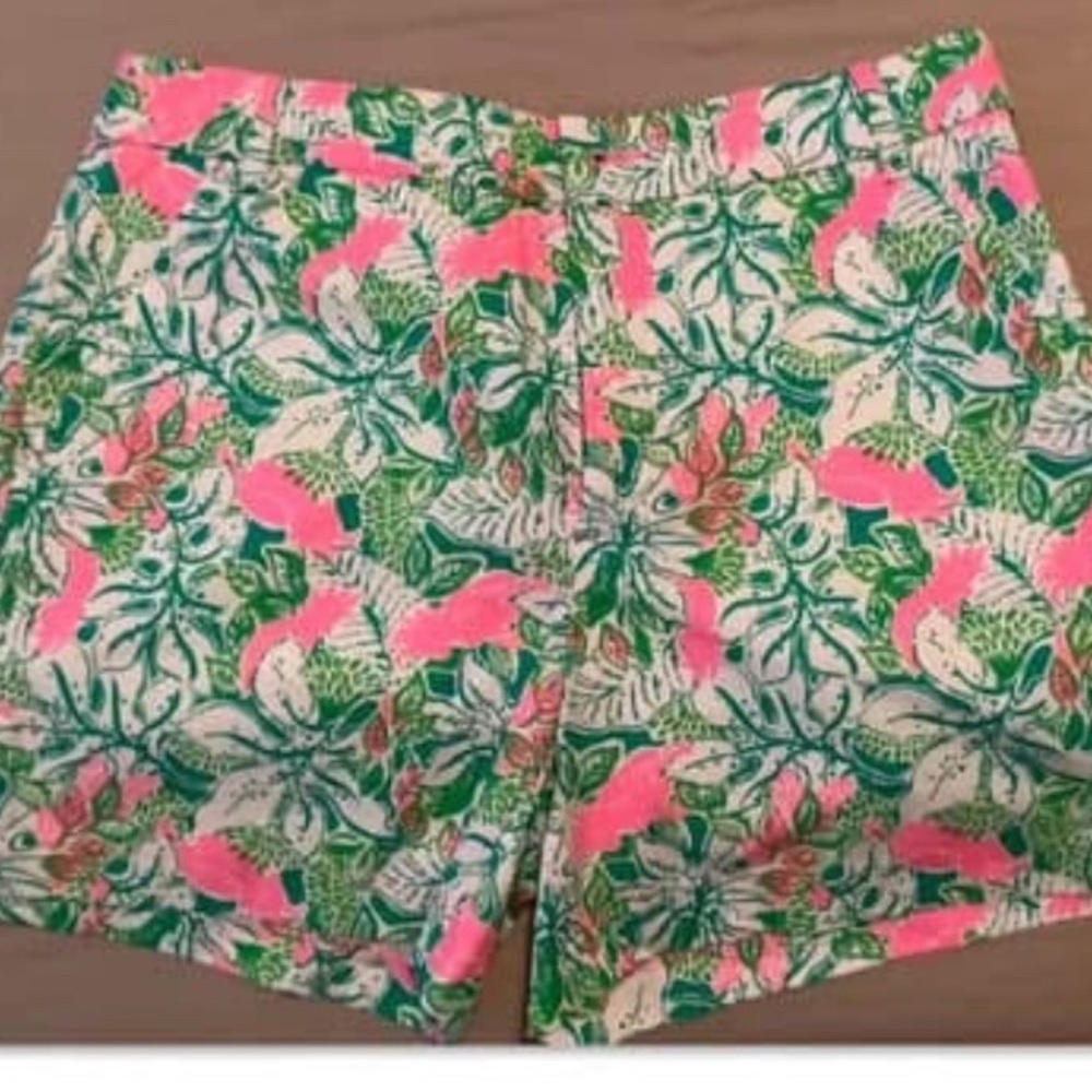Lilly Pulitzer Pink and Green Bermuda Shorts Vibrant Tropical Print